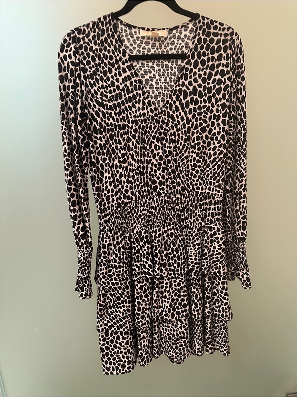 Michael Kors Black and White Leopard-Print V-Neck Dress-Size M